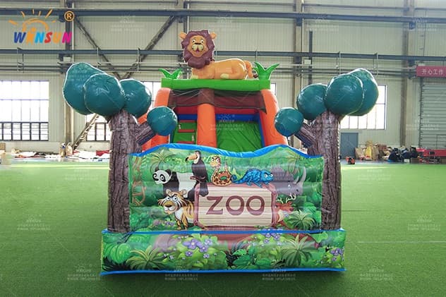 Commercial inflatable jungle slide with lion replica and tree figures