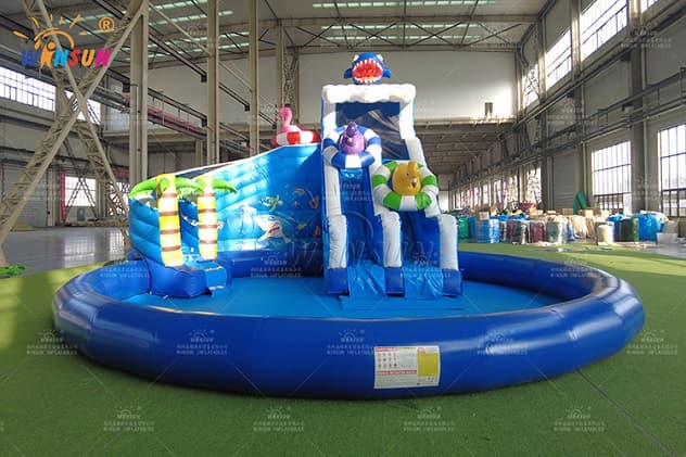 Customized PVC vinyl shark water park including 27’5″x29’6″ pool and climbing lane