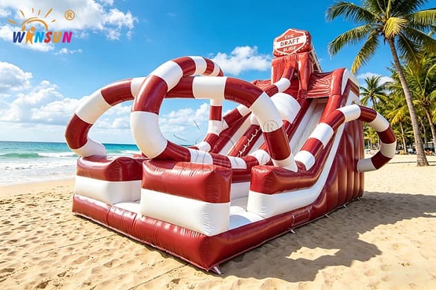 33ft long maroon and white striped inflatable slide for outdoor events