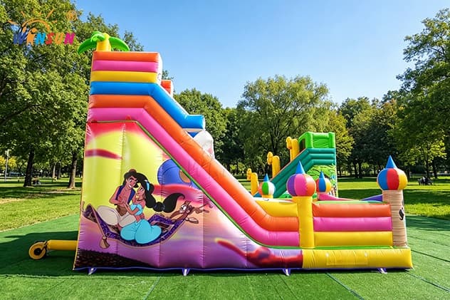 Outdoor commercial inflatable Aladdin slide with frontal buffer zone