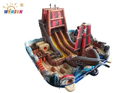 Winsun 15m Inflatable Pirate Ship Dual-Lane Dry Slide and Obstacle Course