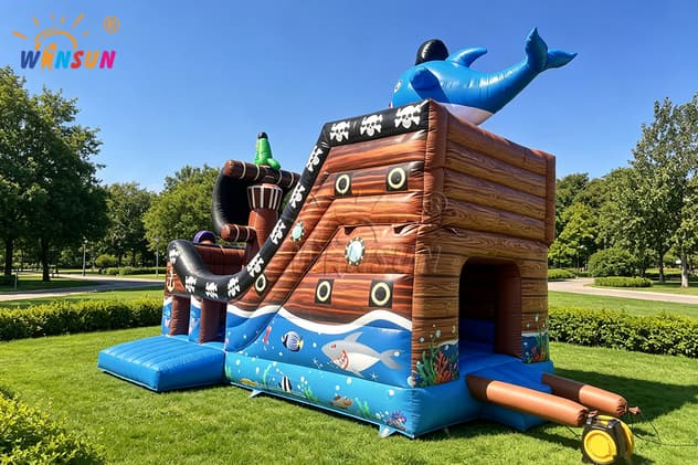 Inflatable pirate ship bounce house with slide
