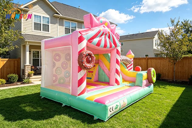 candy themed inflatable with slide