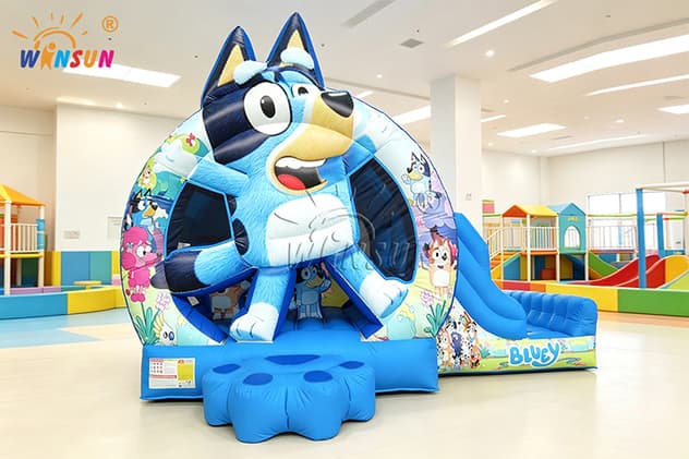 blue dog cartoon themed inflatable bounce house
